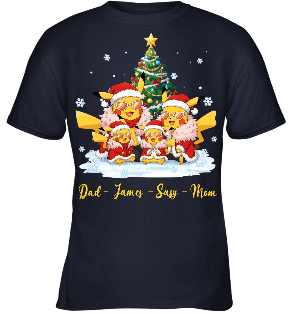 Pikachu x Doflamingo Parents & Kids Custom Name Christmas T-Shirt for Family