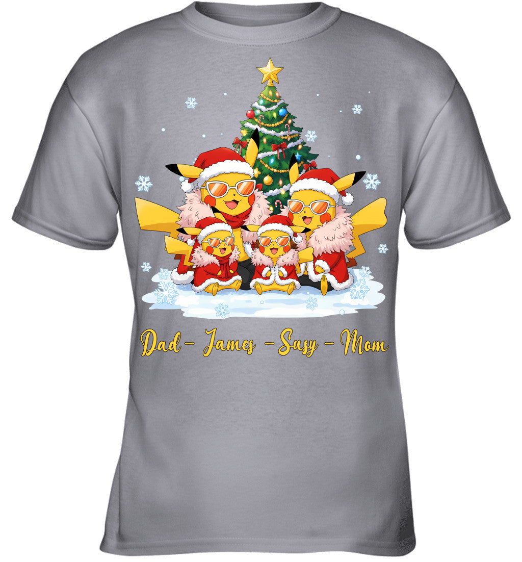Pikachu x Doflamingo Parents & Kids Custom Name Christmas T-Shirt for Family