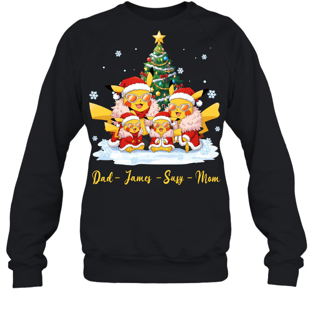 Pikachu x Doflamingo Parents & Kids Custom Name Christmas T-Shirt for Family