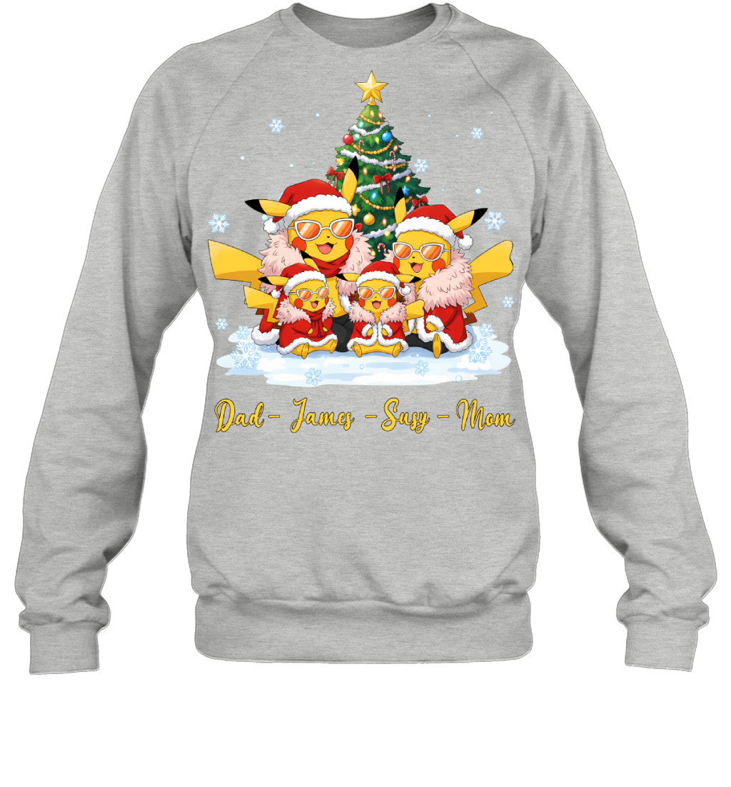 Pikachu x Doflamingo Parents & Kids Custom Name Christmas T-Shirt for Family