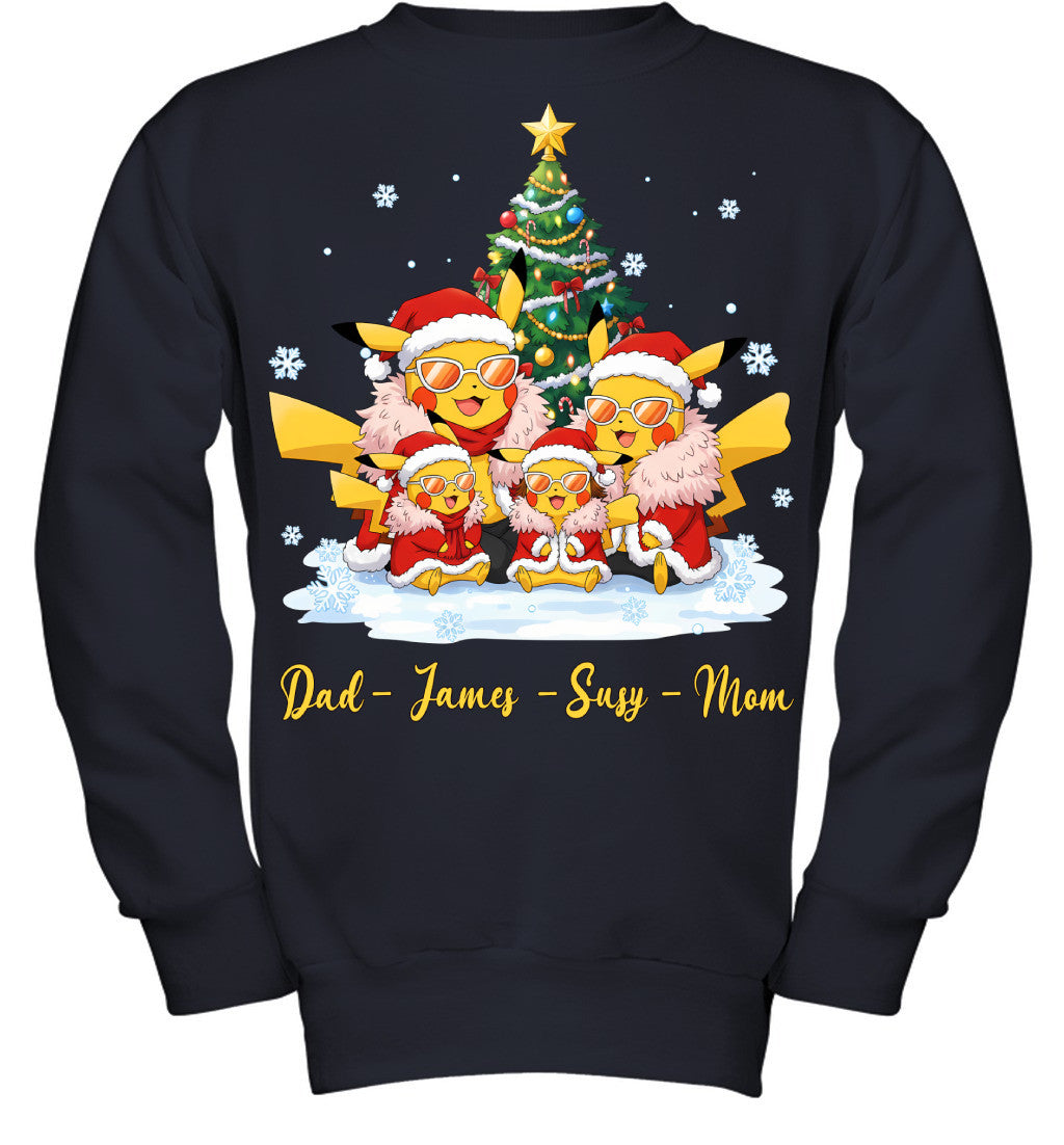 Pikachu x Doflamingo Parents & Kids Custom Name Christmas T-Shirt for Family