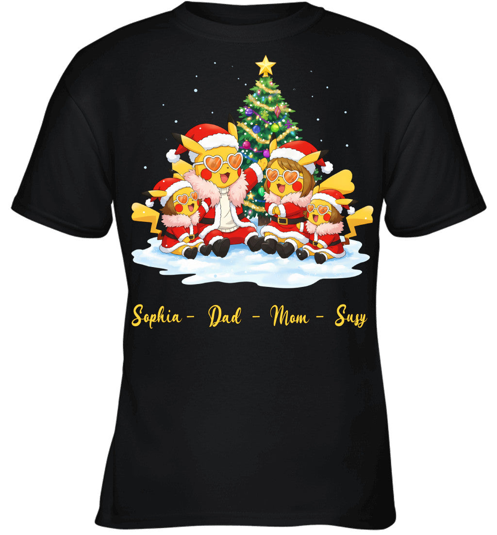 Pikachu x Doflamingo Parents & Daughters Custom Name Christmas T-Shirt for Family