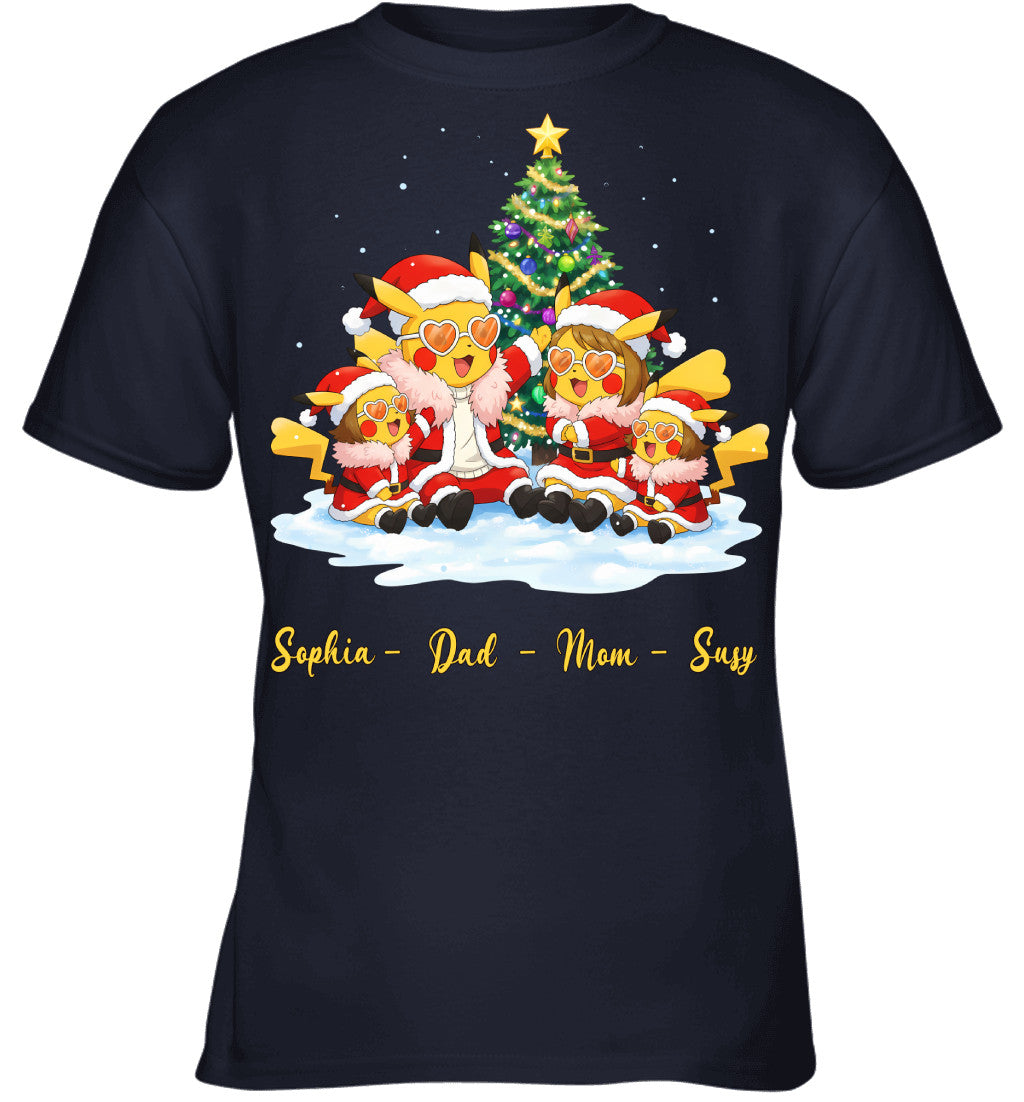 Pikachu x Doflamingo Parents & Daughters Custom Name Christmas T-Shirt for Family