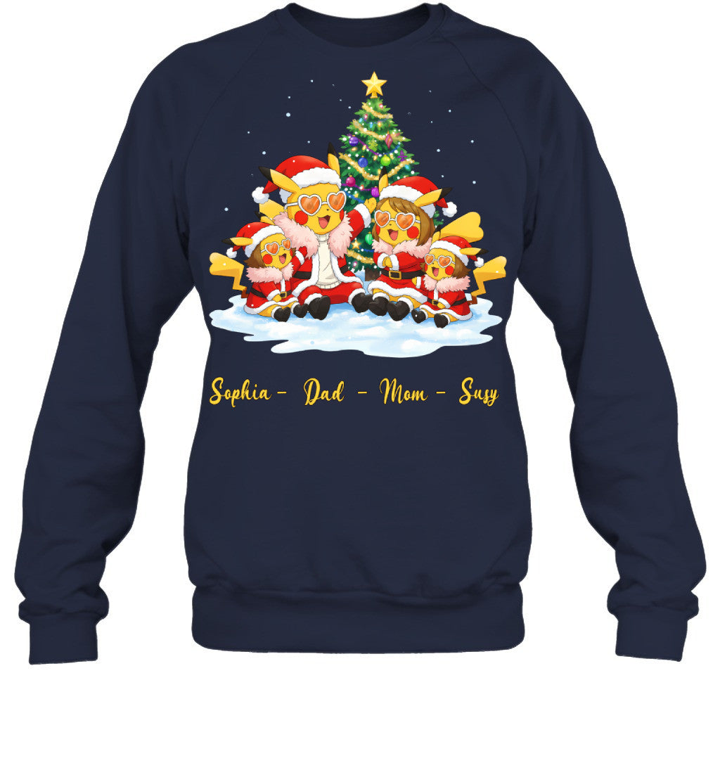 Pikachu x Doflamingo Parents & Daughters Custom Name Christmas T-Shirt for Family