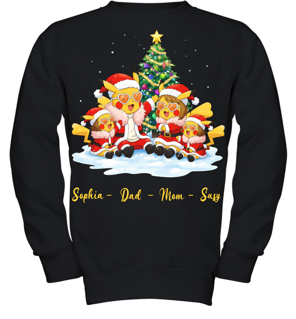 Pikachu x Doflamingo Parents & Daughters Custom Name Christmas T-Shirt for Family