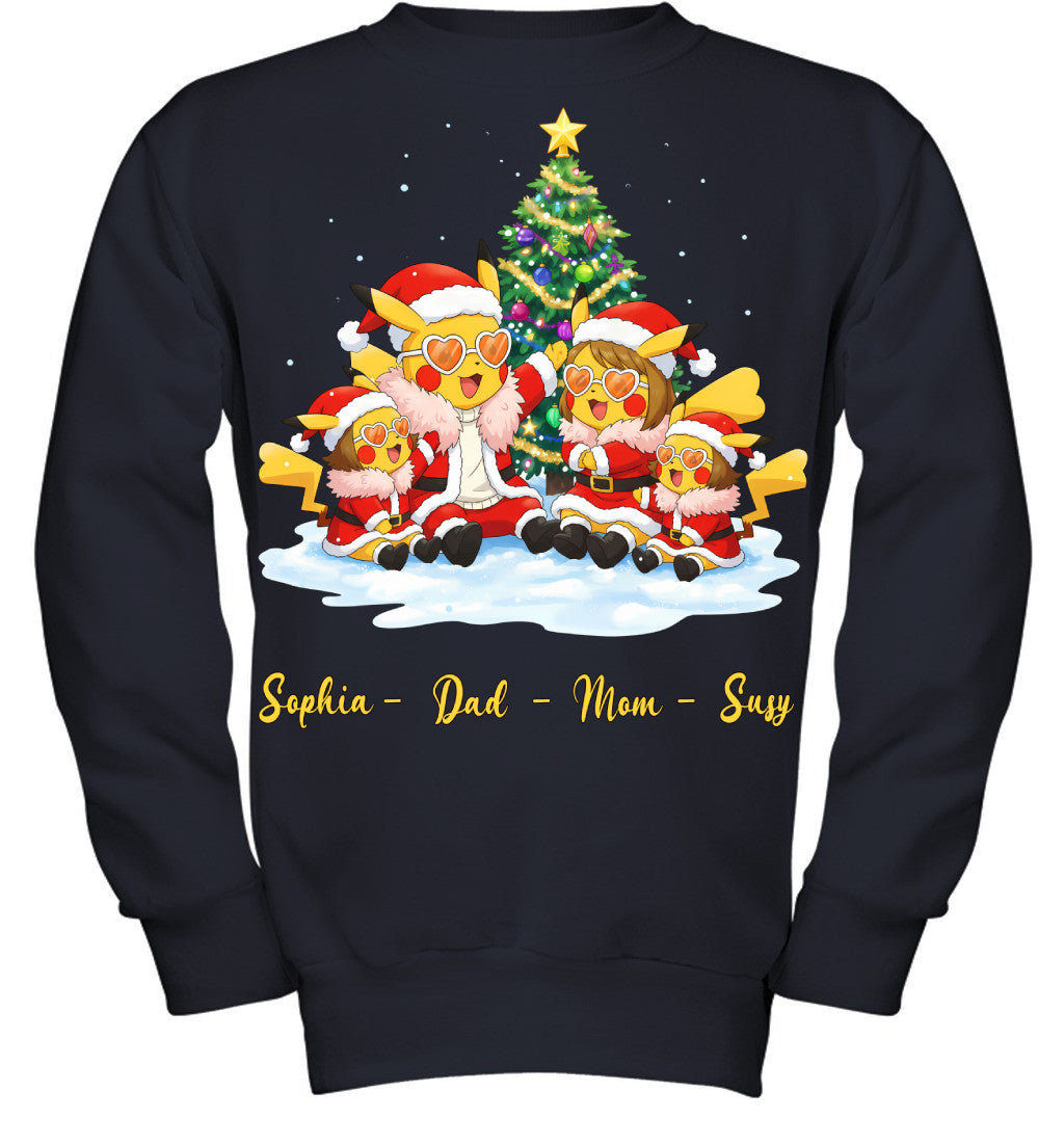 Pikachu x Doflamingo Parents & Daughters Custom Name Christmas T-Shirt for Family