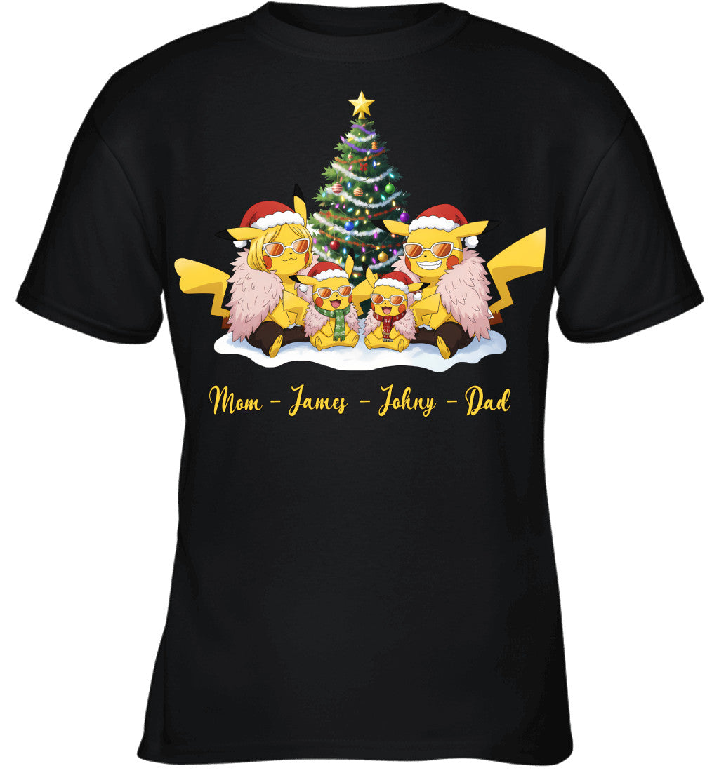 Pikachu x Doflamingo Parents & Sons Custom Name Christmas T-Shirt for Family
