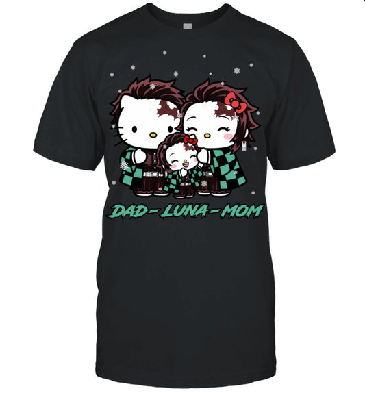 Hello Kitty x Kamado Tanjiro Parents & Daughter Custom Name Christmas T-Shirt for Family
