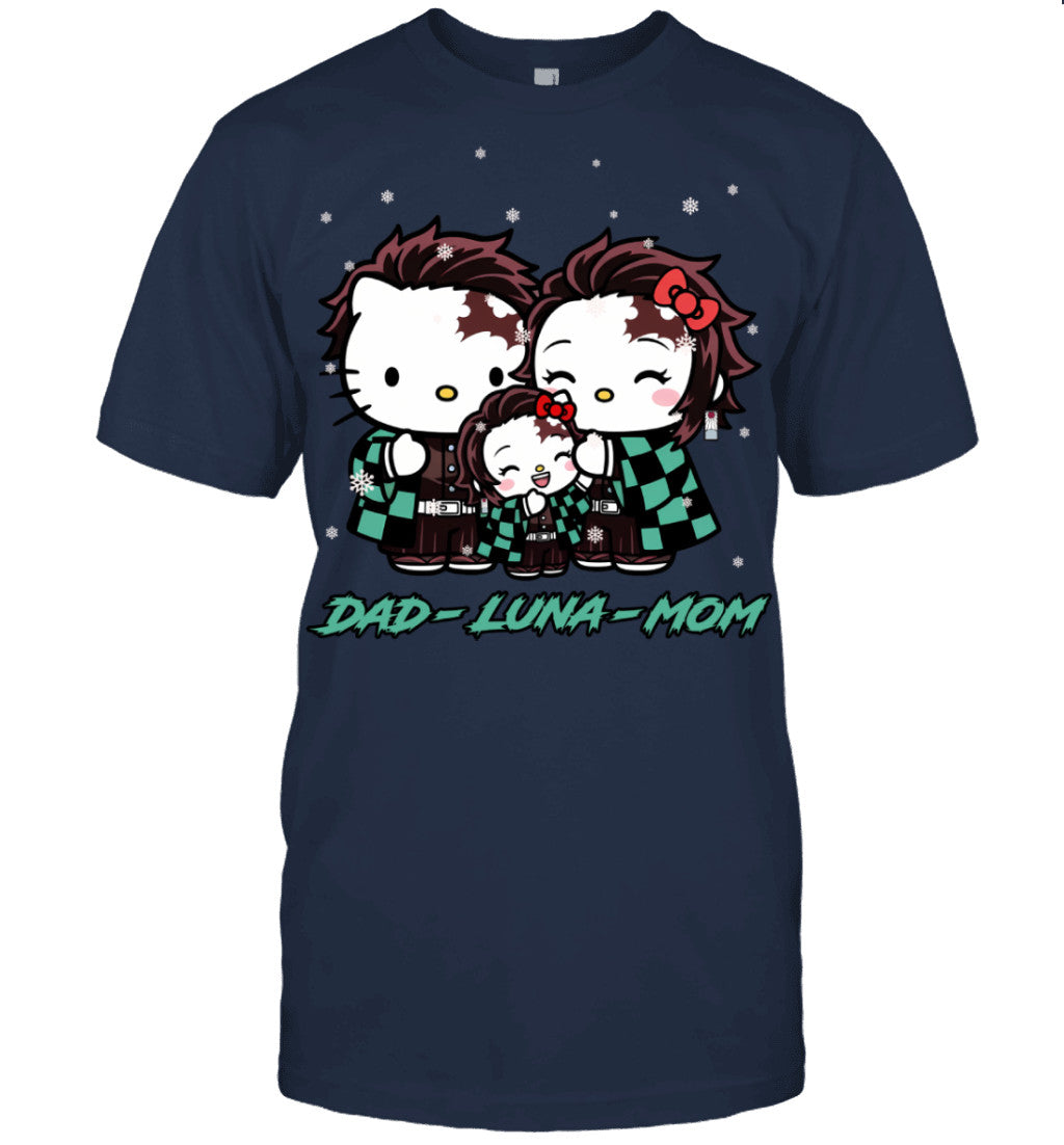 Hello Kitty x Kamado Tanjiro Parents & Daughter Custom Name Christmas T-Shirt for Family