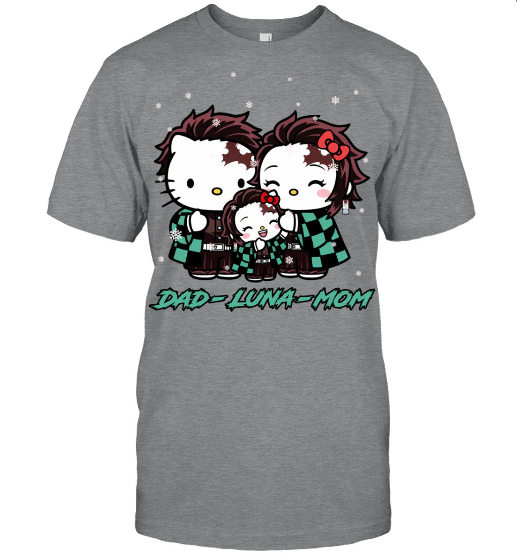 Hello Kitty x Kamado Tanjiro Parents & Daughter Custom Name Christmas T-Shirt for Family