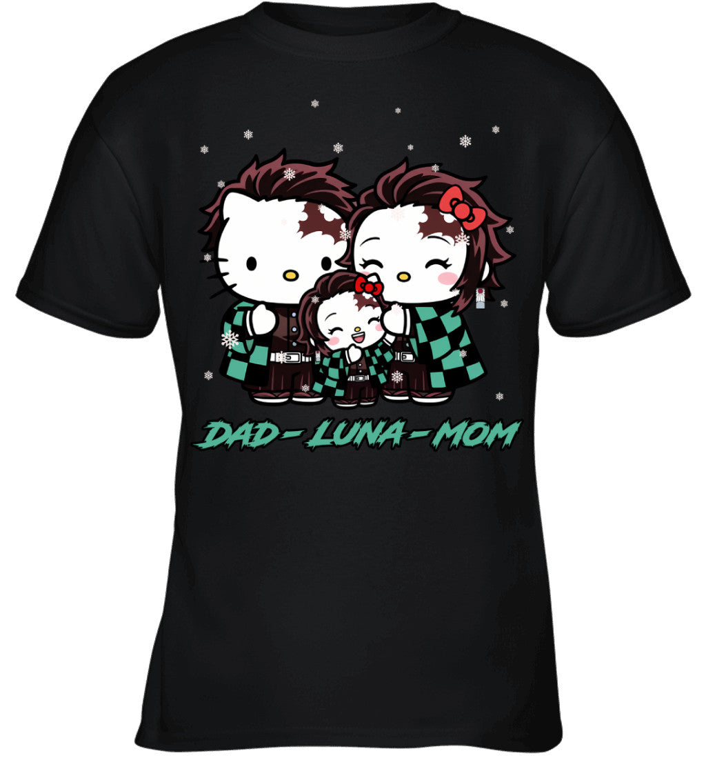 Hello Kitty x Kamado Tanjiro Parents & Daughter Custom Name Christmas T-Shirt for Family