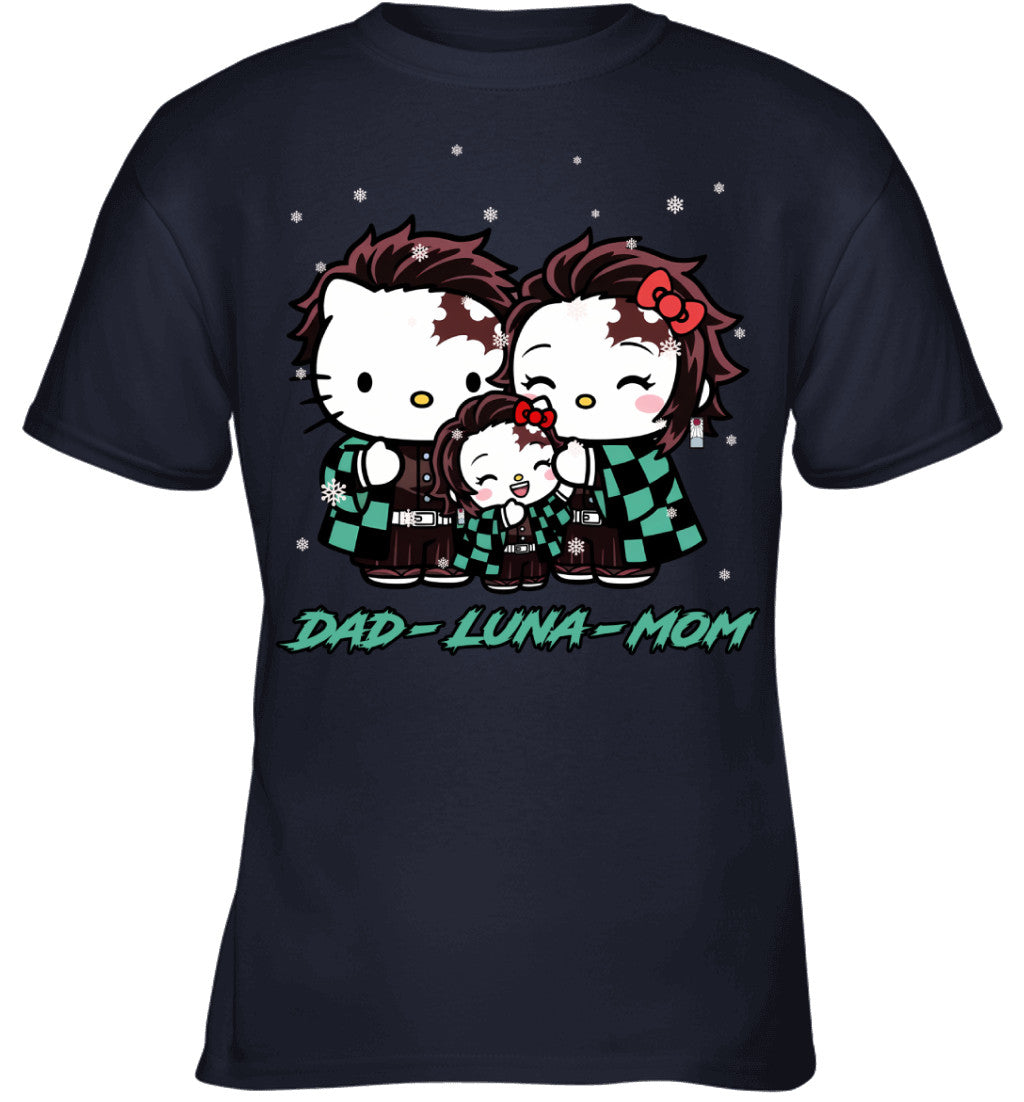 Hello Kitty x Kamado Tanjiro Parents & Daughter Custom Name Christmas T-Shirt for Family