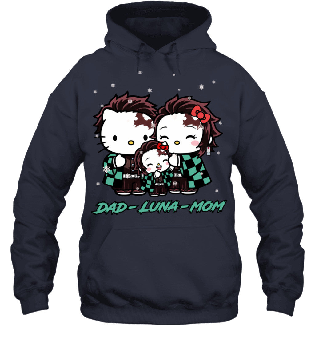 Hello Kitty x Kamado Tanjiro Parents & Daughter Custom Name Christmas T-Shirt for Family
