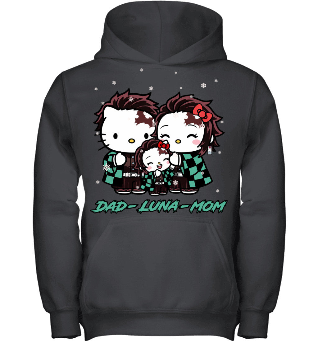 Hello Kitty x Kamado Tanjiro Parents & Daughter Custom Name Christmas T-Shirt for Family