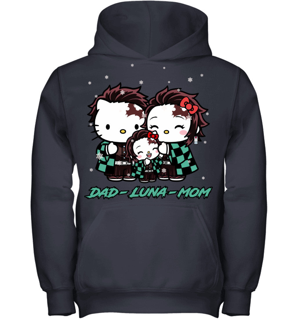 Hello Kitty x Kamado Tanjiro Parents & Daughter Custom Name Christmas T-Shirt for Family