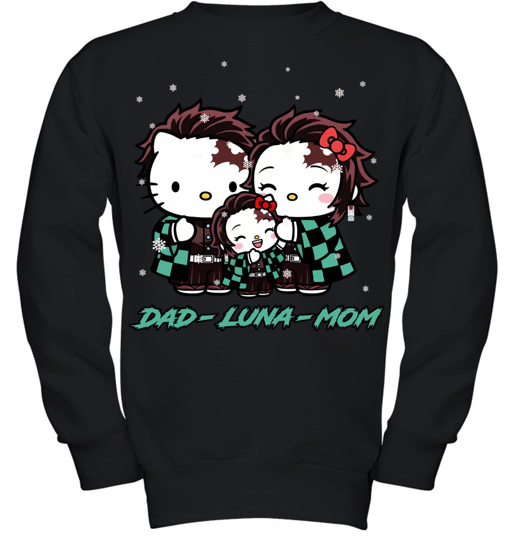 Hello Kitty x Kamado Tanjiro Parents & Daughter Custom Name Christmas T-Shirt for Family