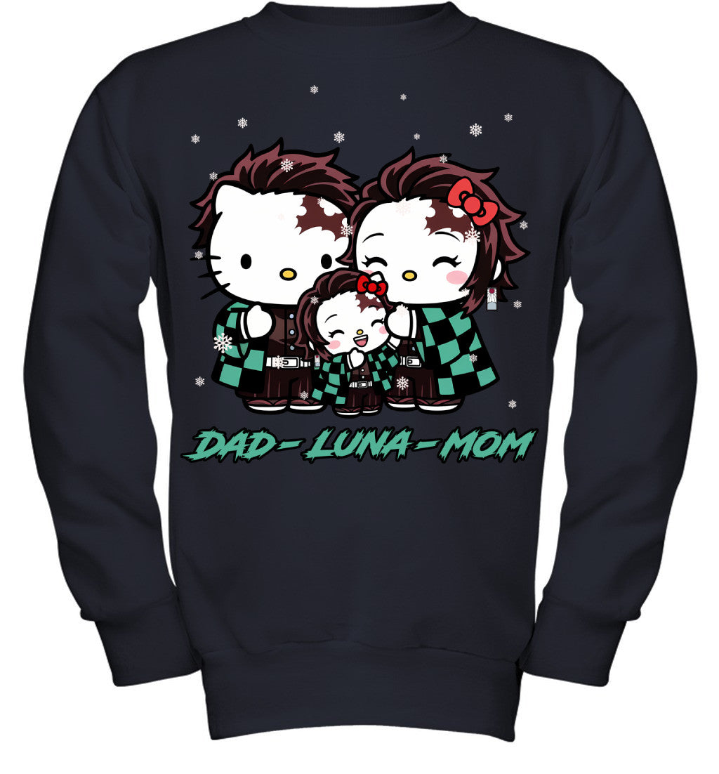 Hello Kitty x Kamado Tanjiro Parents & Daughter Custom Name Christmas T-Shirt for Family