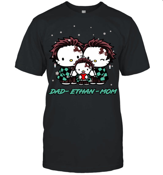 Hello Kitty x Kamado Tanjiro Parents & Son Custom Name Christmas T-Shirt for Family