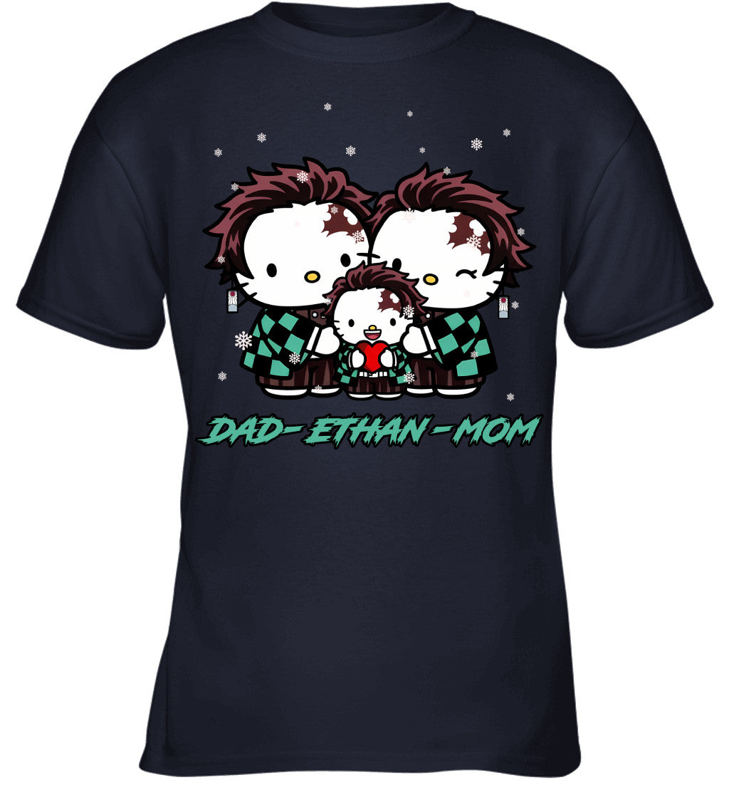 Hello Kitty x Kamado Tanjiro Parents & Son Custom Name Christmas T-Shirt for Family