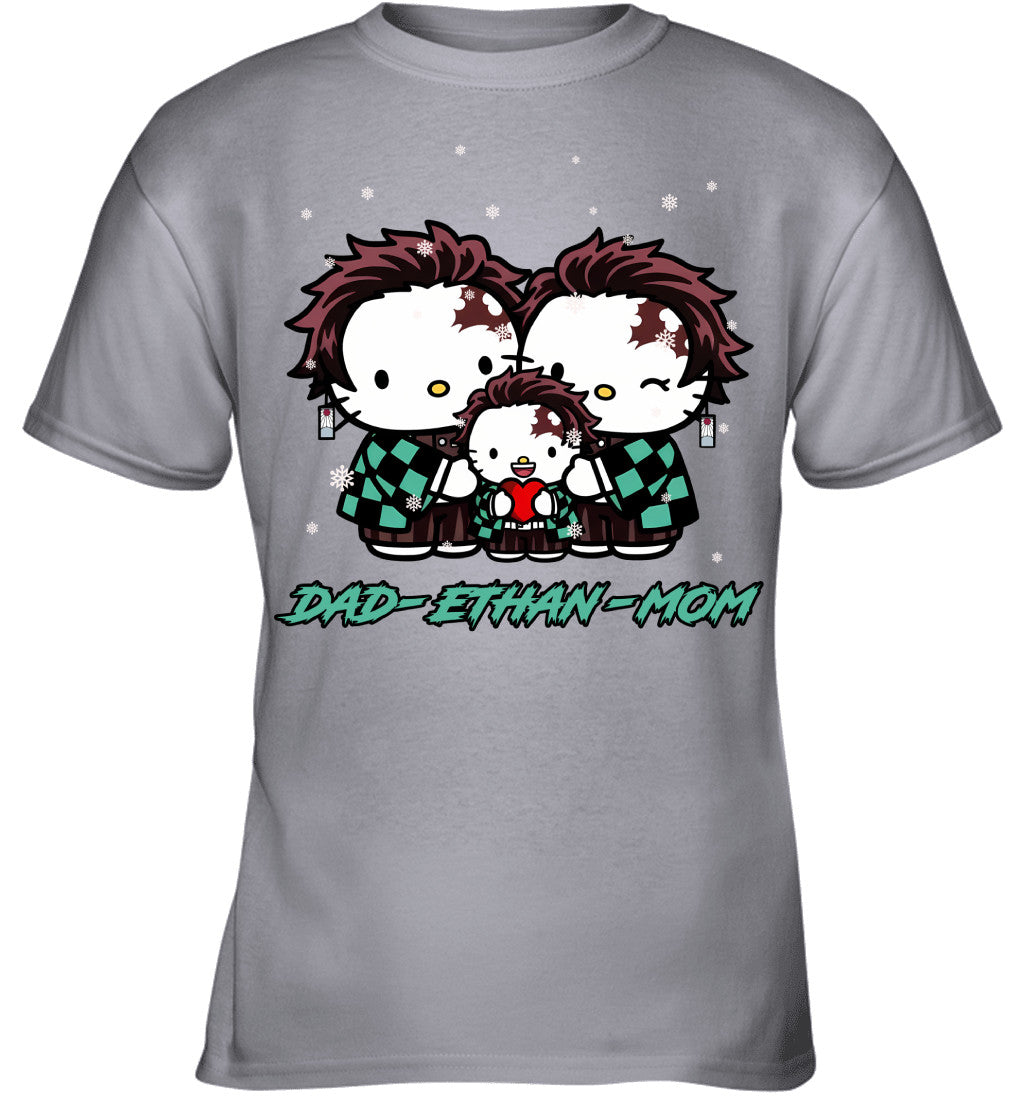 Hello Kitty x Kamado Tanjiro Parents & Son Custom Name Christmas T-Shirt for Family