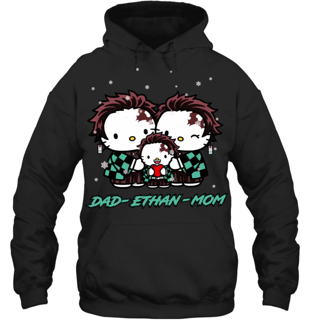 Hello Kitty x Kamado Tanjiro Parents & Son Custom Name Christmas T-Shirt for Family