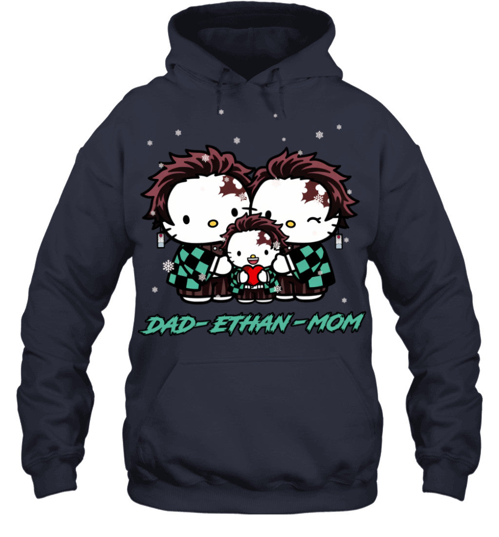 Hello Kitty x Kamado Tanjiro Parents & Son Custom Name Christmas T-Shirt for Family