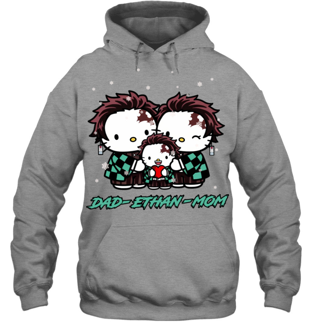 Hello Kitty x Kamado Tanjiro Parents & Son Custom Name Christmas T-Shirt for Family