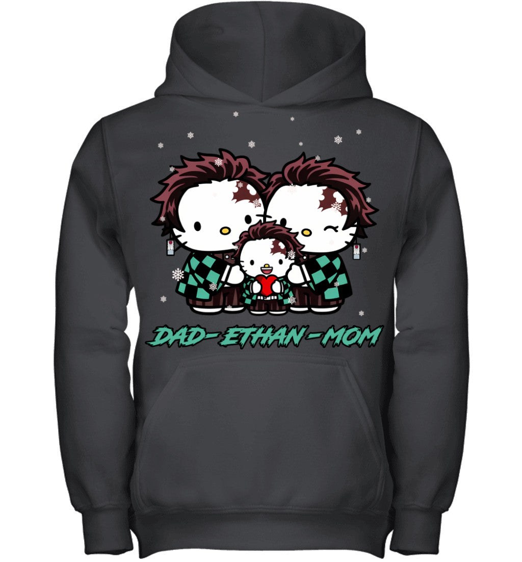 Hello Kitty x Kamado Tanjiro Parents & Son Custom Name Christmas T-Shirt for Family