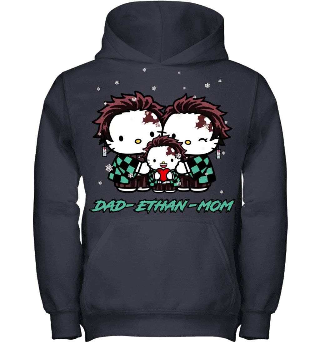 Hello Kitty x Kamado Tanjiro Parents & Son Custom Name Christmas T-Shirt for Family