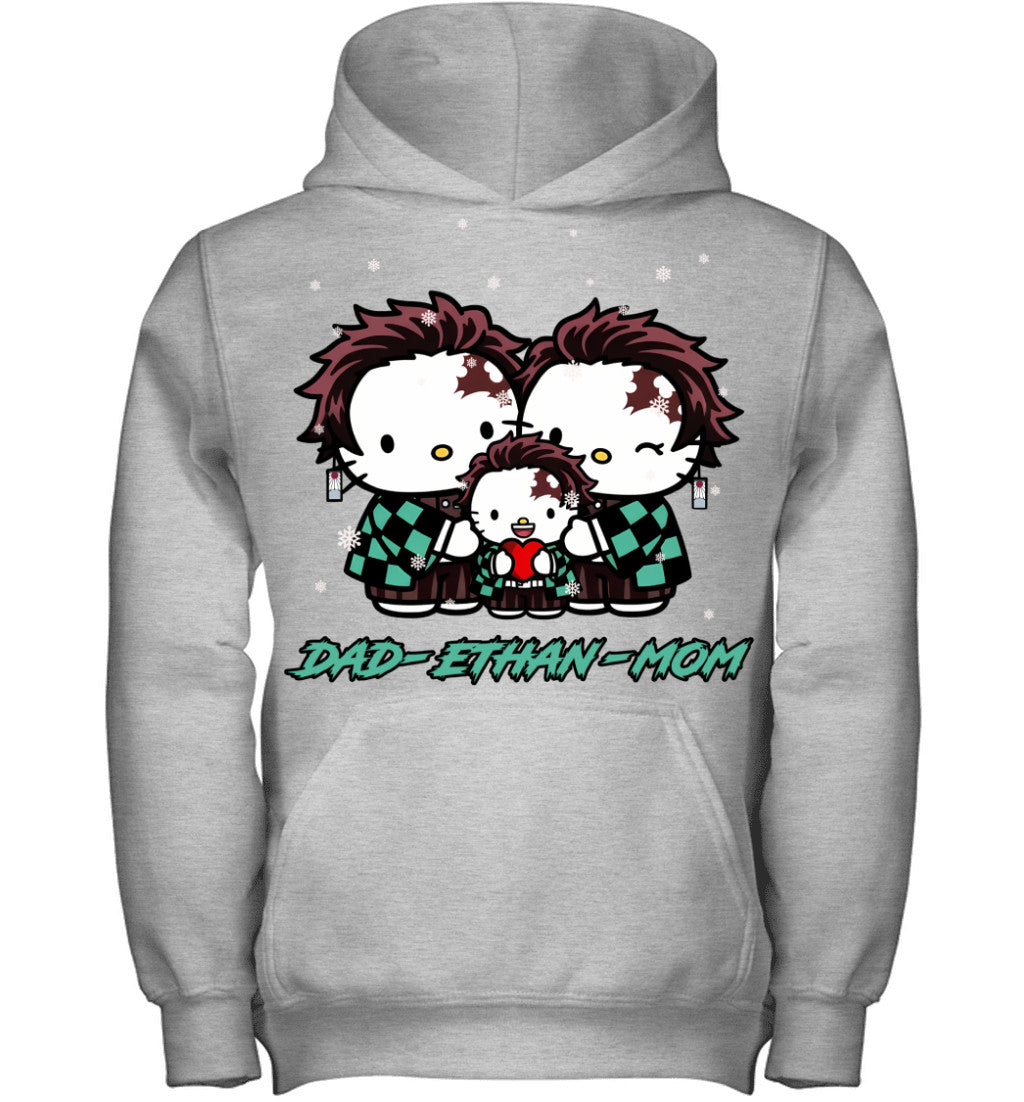 Hello Kitty x Kamado Tanjiro Parents & Son Custom Name Christmas T-Shirt for Family