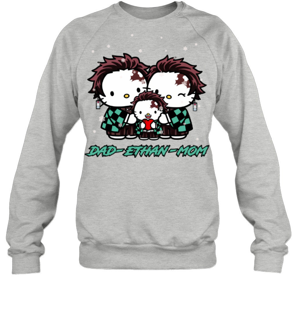 Hello Kitty x Kamado Tanjiro Parents & Son Custom Name Christmas T-Shirt for Family