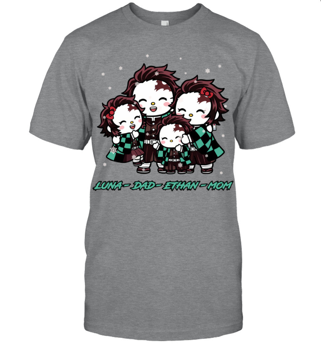 Hello Kitty x Kamado Tanjiro Parents & Kids Custom Name Christmas T-Shirt for Family