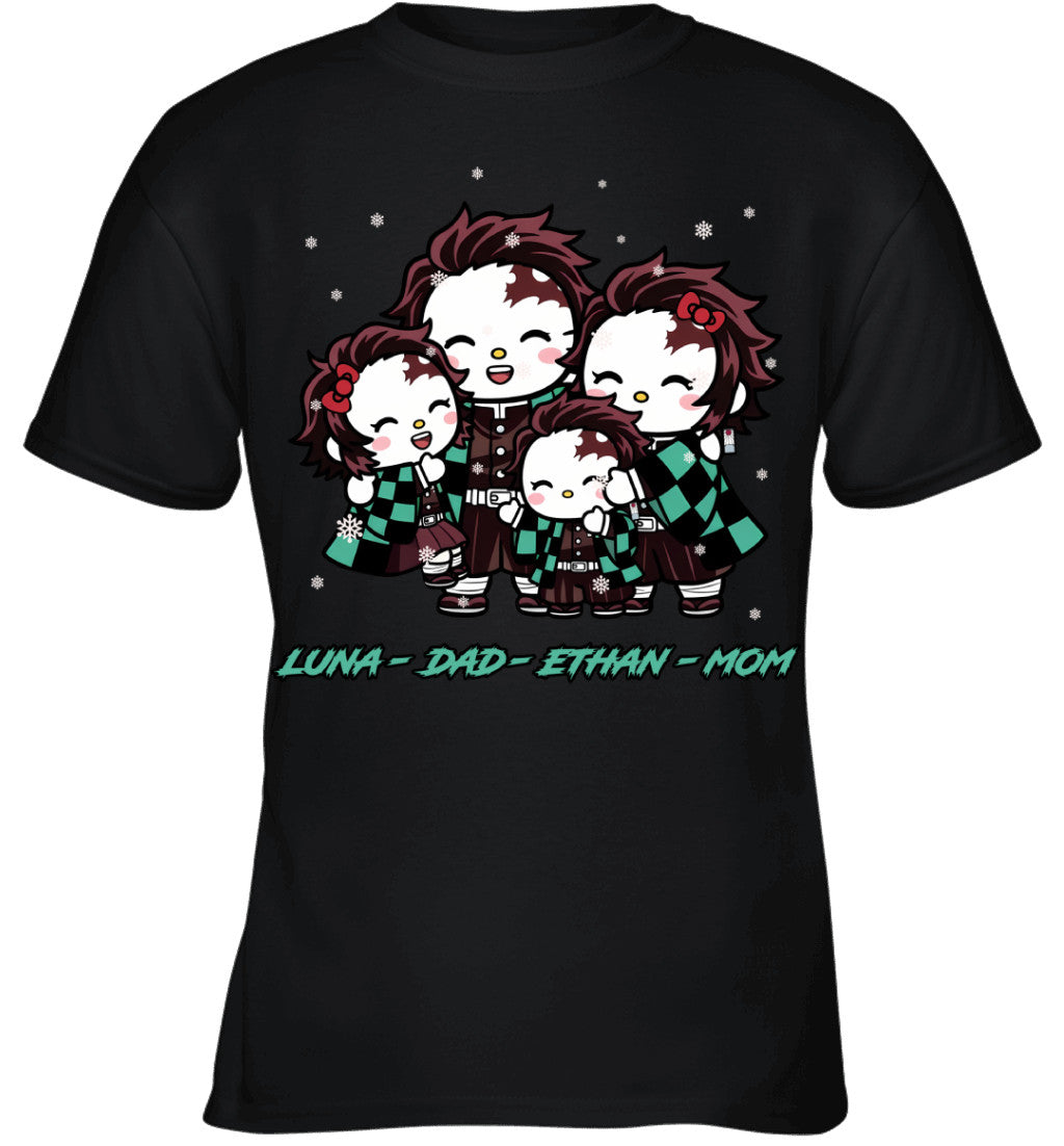 Hello Kitty x Kamado Tanjiro Parents & Kids Custom Name Christmas T-Shirt for Family