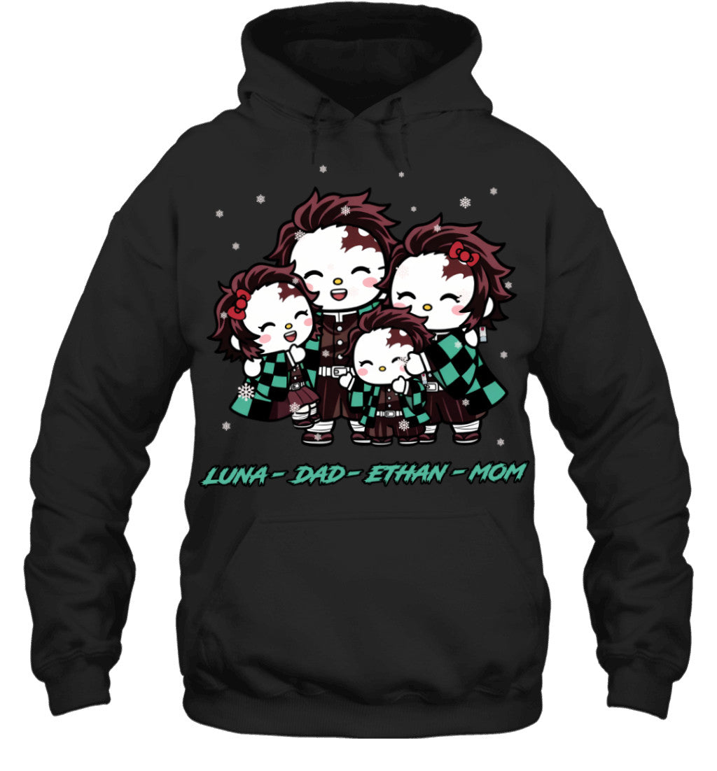 Hello Kitty x Kamado Tanjiro Parents & Kids Custom Name Christmas T-Shirt for Family