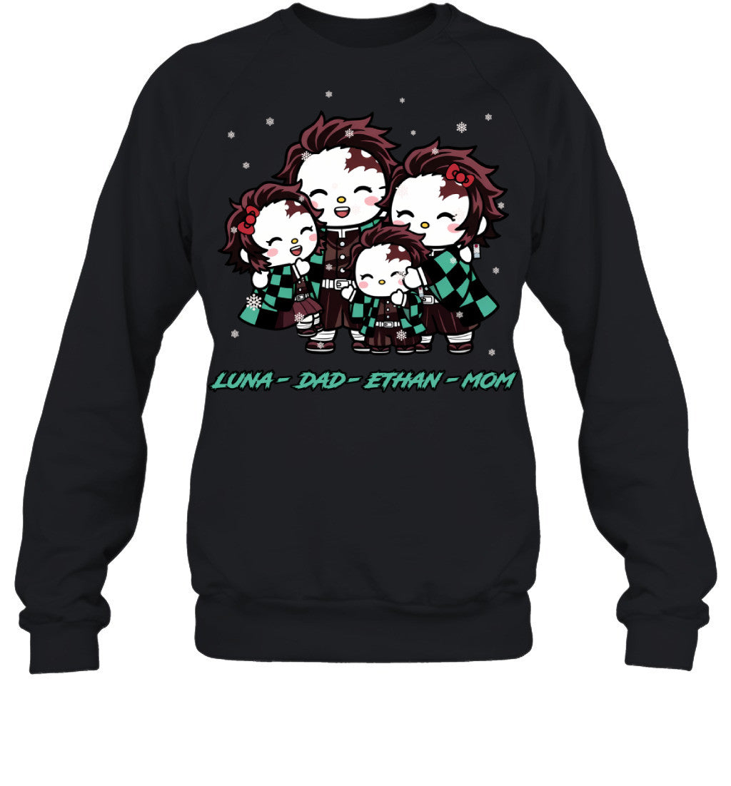 Hello Kitty x Kamado Tanjiro Parents & Kids Custom Name Christmas T-Shirt for Family