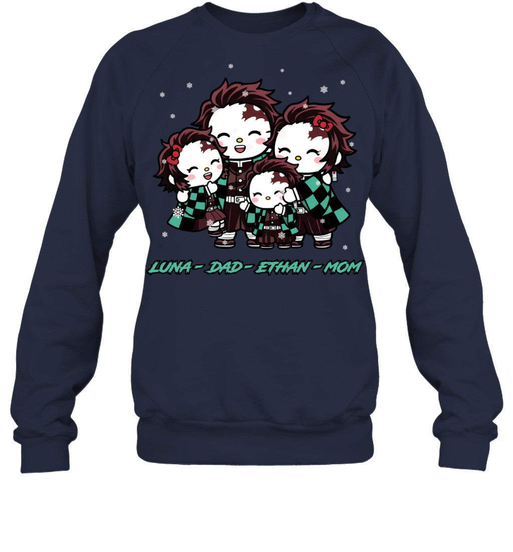 Hello Kitty x Kamado Tanjiro Parents & Kids Custom Name Christmas T-Shirt for Family