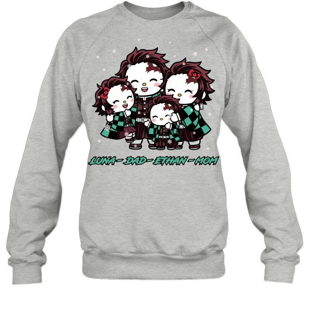 Hello Kitty x Kamado Tanjiro Parents & Kids Custom Name Christmas T-Shirt for Family