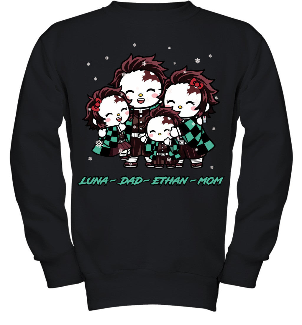 Hello Kitty x Kamado Tanjiro Parents & Kids Custom Name Christmas T-Shirt for Family