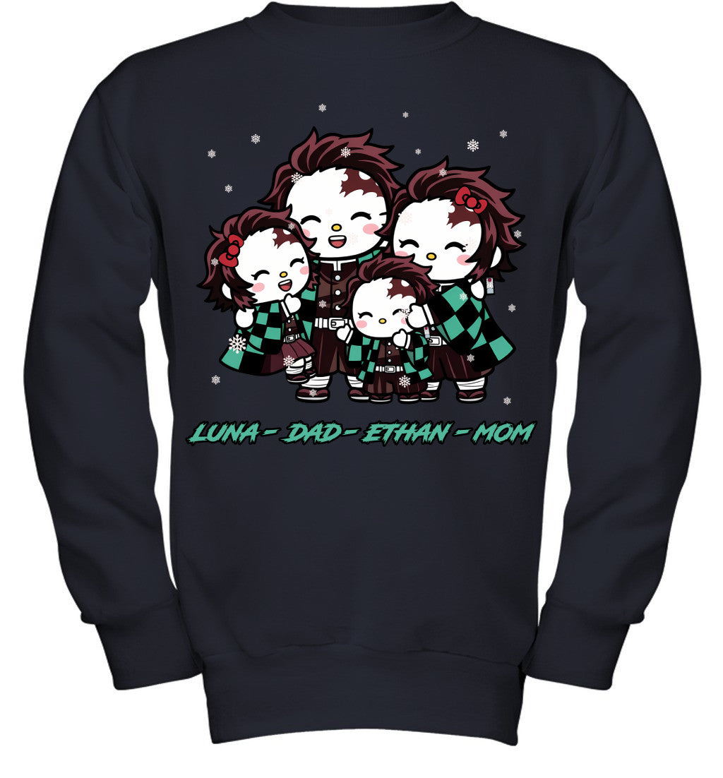 Hello Kitty x Kamado Tanjiro Parents & Kids Custom Name Christmas T-Shirt for Family