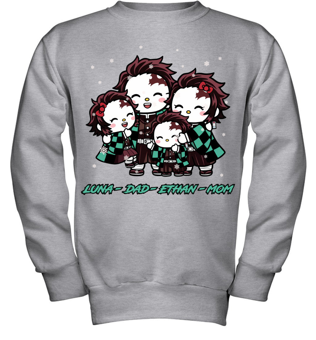 Hello Kitty x Kamado Tanjiro Parents & Kids Custom Name Christmas T-Shirt for Family