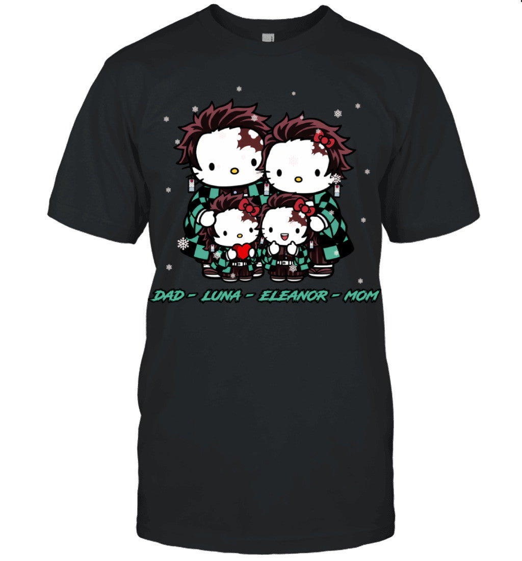 Hello Kitty x Kamado Tanjiro Parents & Daughters Custom Name Christmas T-Shirt for Family