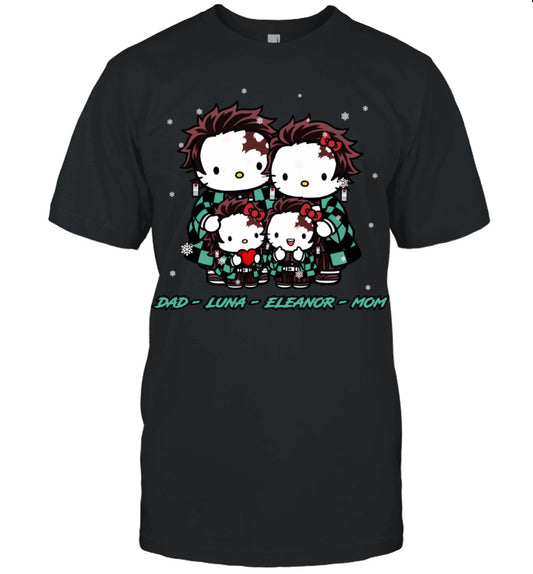 Hello Kitty x Kamado Tanjiro Parents & Daughters Custom Name Christmas T-Shirt for Family