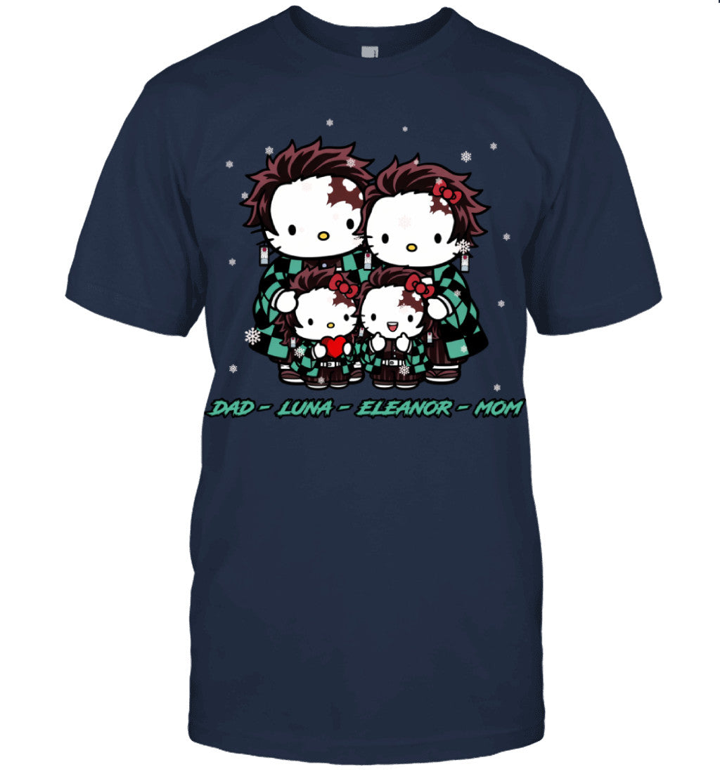 Hello Kitty x Kamado Tanjiro Parents & Daughters Custom Name Christmas T-Shirt for Family