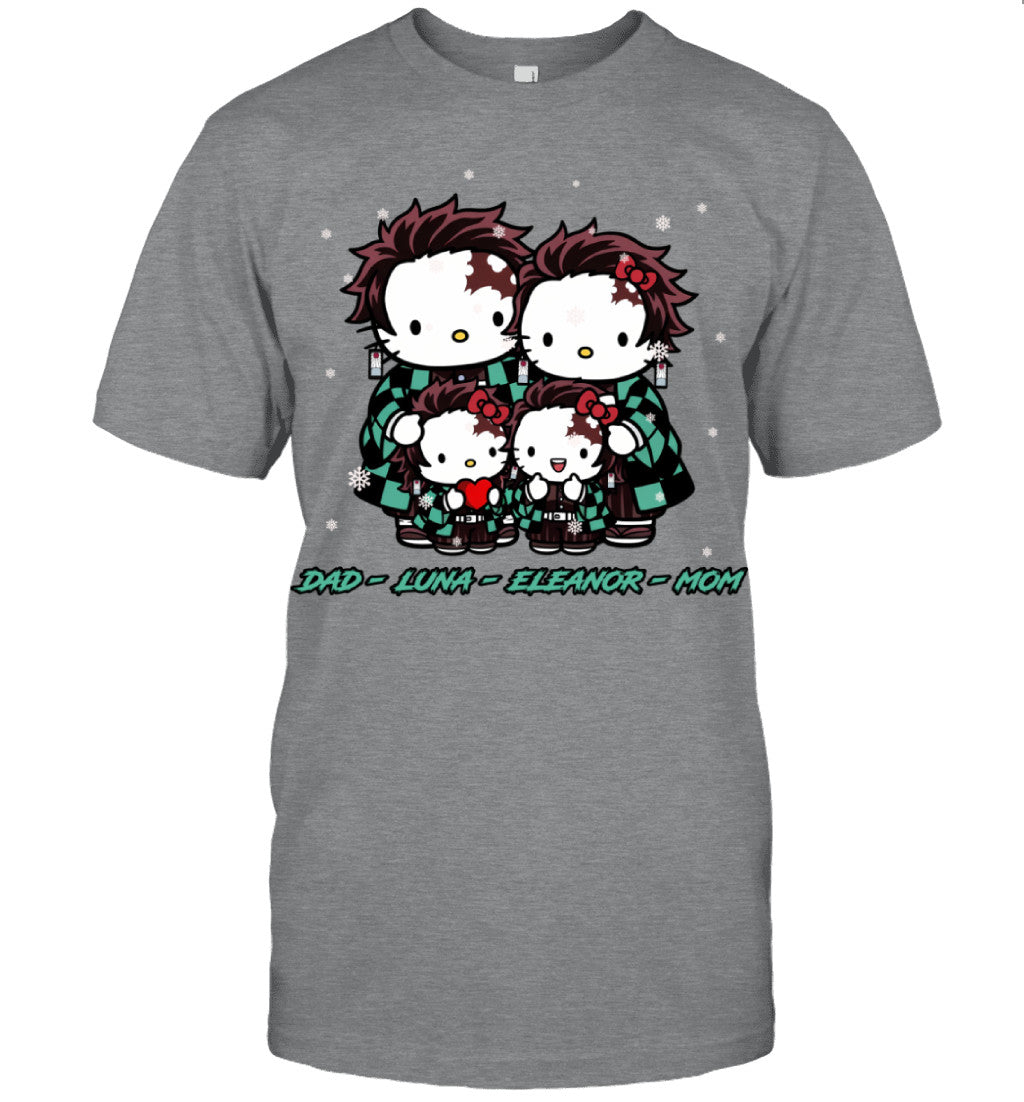 Hello Kitty x Kamado Tanjiro Parents & Daughters Custom Name Christmas T-Shirt for Family