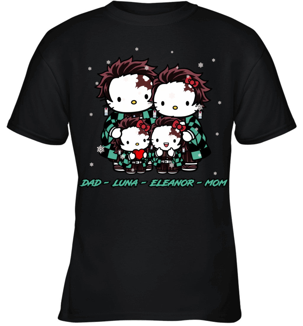 Hello Kitty x Kamado Tanjiro Parents & Daughters Custom Name Christmas T-Shirt for Family