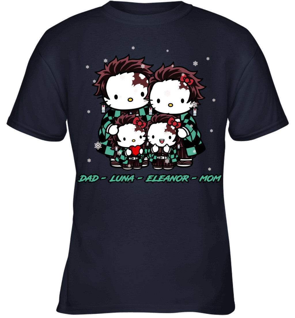 Hello Kitty x Kamado Tanjiro Parents & Daughters Custom Name Christmas T-Shirt for Family