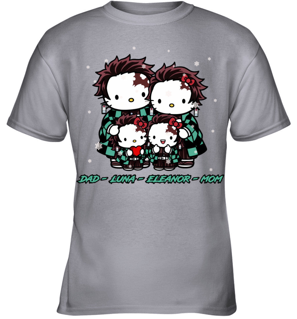 Hello Kitty x Kamado Tanjiro Parents & Daughters Custom Name Christmas T-Shirt for Family