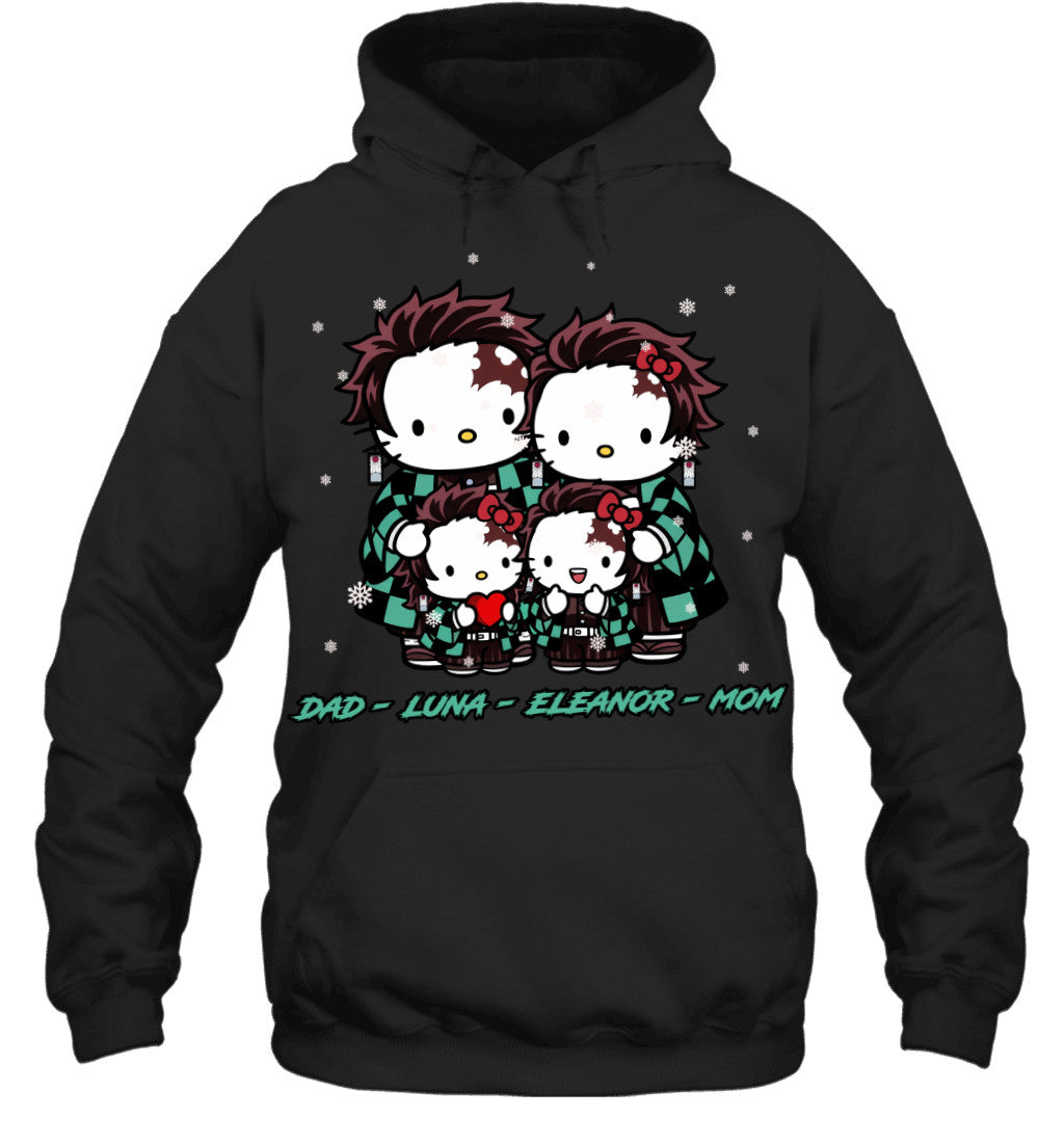 Hello Kitty x Kamado Tanjiro Parents & Daughters Custom Name Christmas T-Shirt for Family