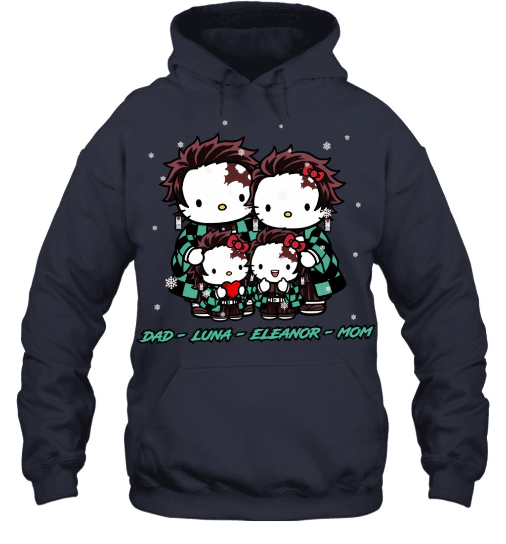Hello Kitty x Kamado Tanjiro Parents & Daughters Custom Name Christmas T-Shirt for Family