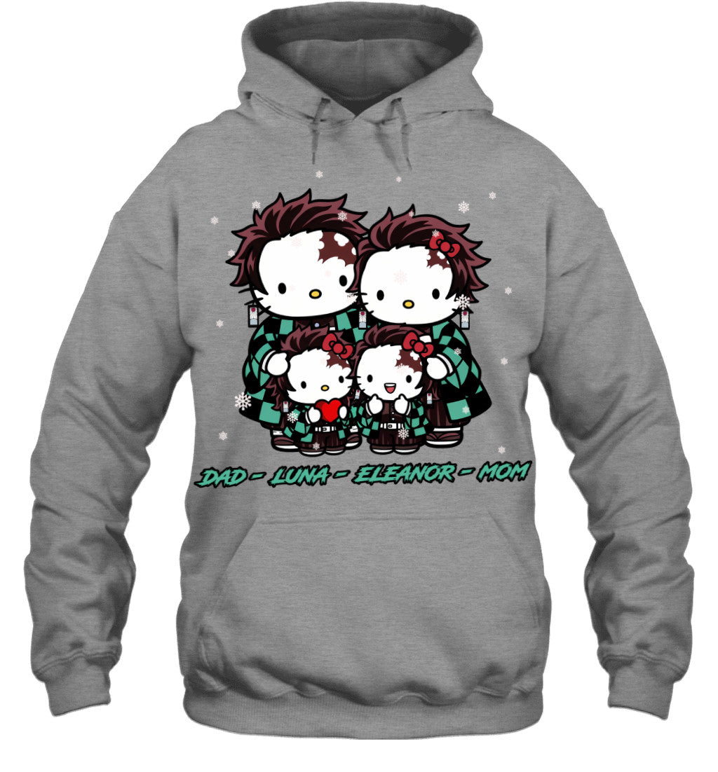 Hello Kitty x Kamado Tanjiro Parents & Daughters Custom Name Christmas T-Shirt for Family